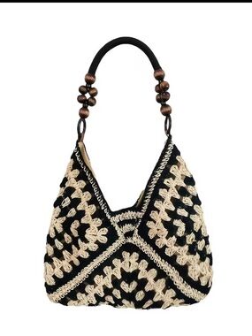 Affordable Fashion Finds Black & Cream Crochet Hobo with Wooden Bead Handle